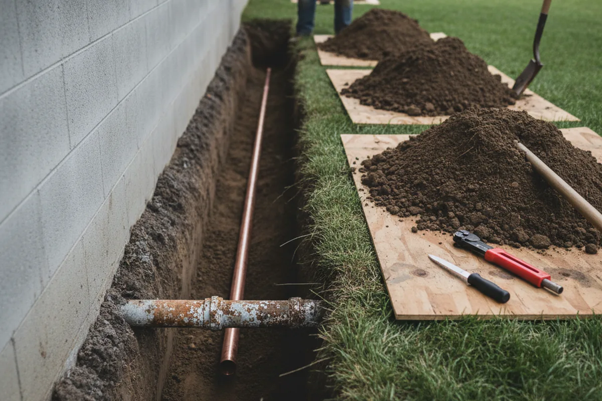 Excavated water line trench during Water Softener Installation in North Bergen